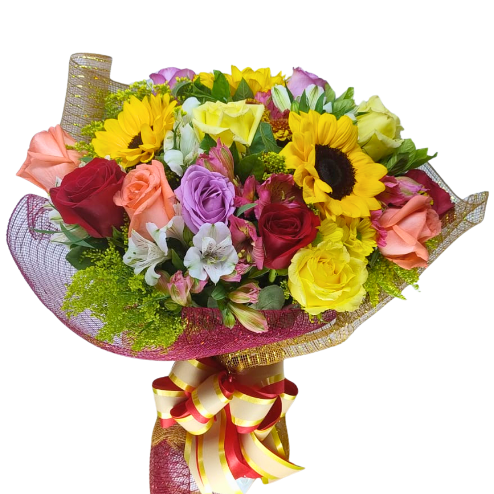 Buqu� Gande 3 Girass�is e 12 Rosas Coloridas