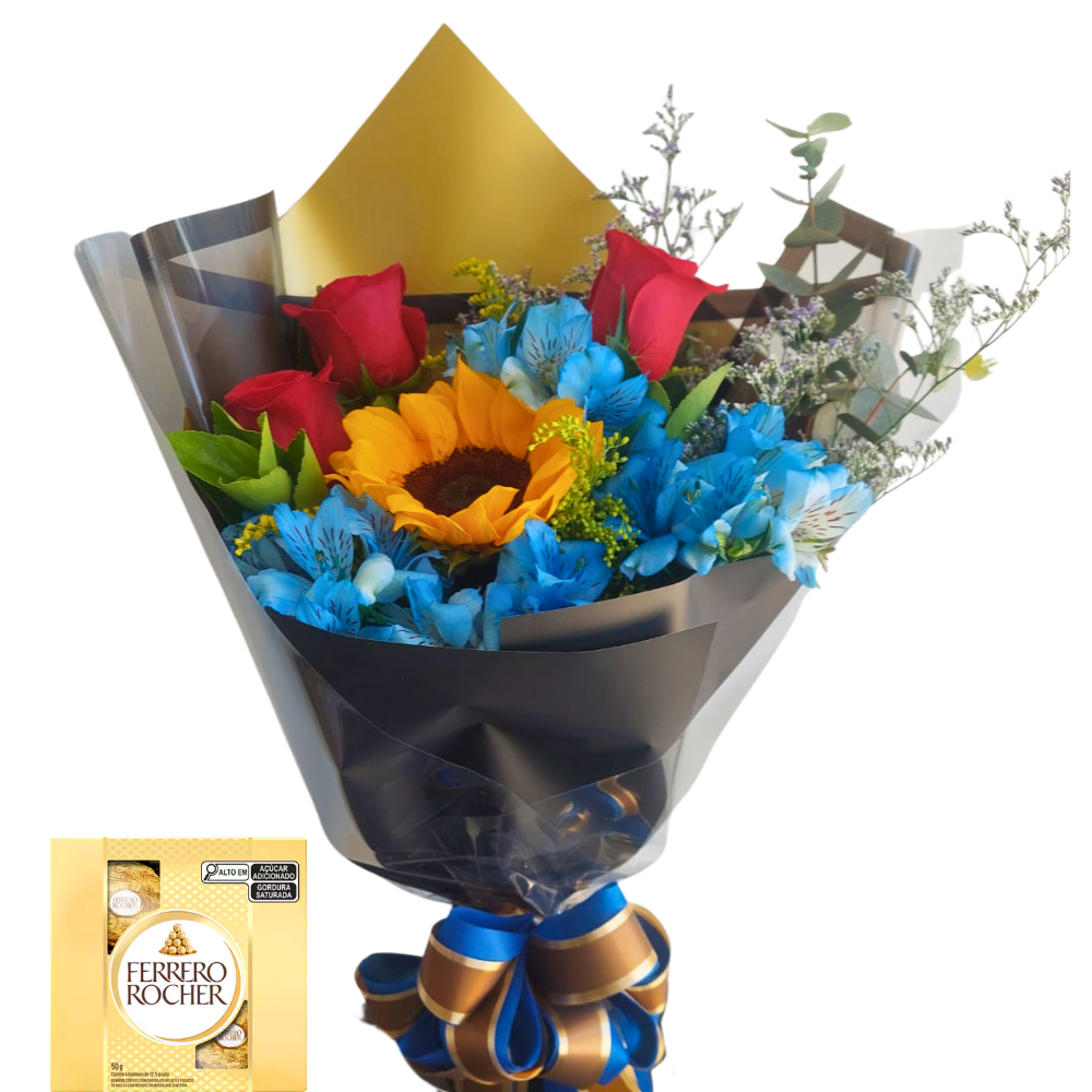 Buqu� Rosas com Girassol Com Ferrero Rocher