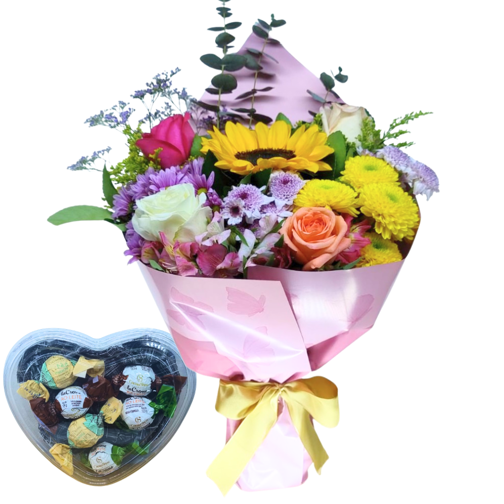 Buqu� Grande - Rosas Coloridas e Margaridas Trufas Cacau Show