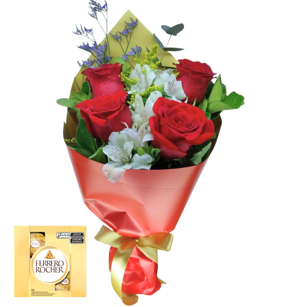 Buqu� de 4 Rosas Vermelhas Com Ferrero Rocher