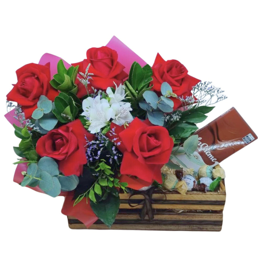 Cesta com Rosas Vermelhas e Cacau Show