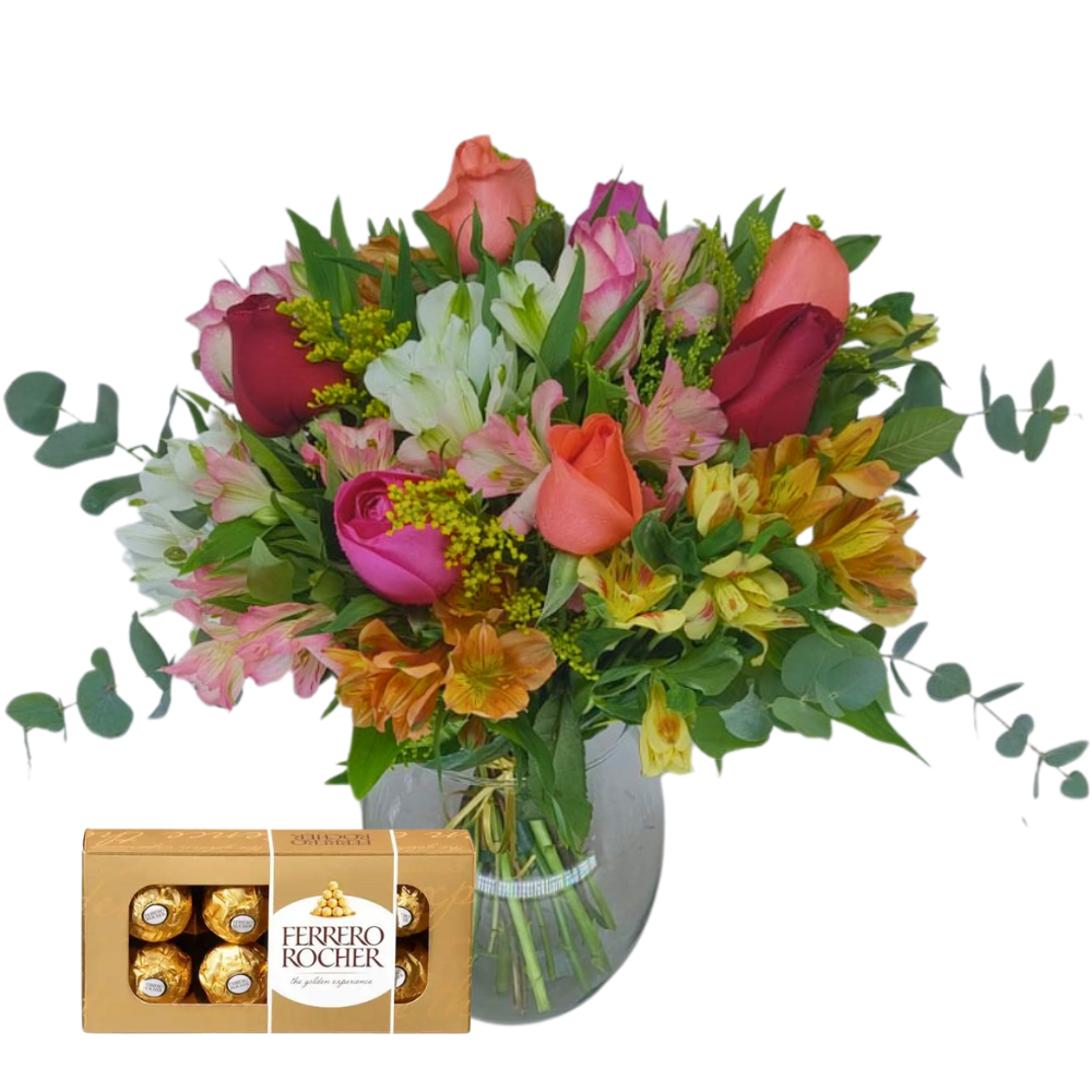 Arranjo - Rosas e Astrom�lias Com Ferrero Rocher