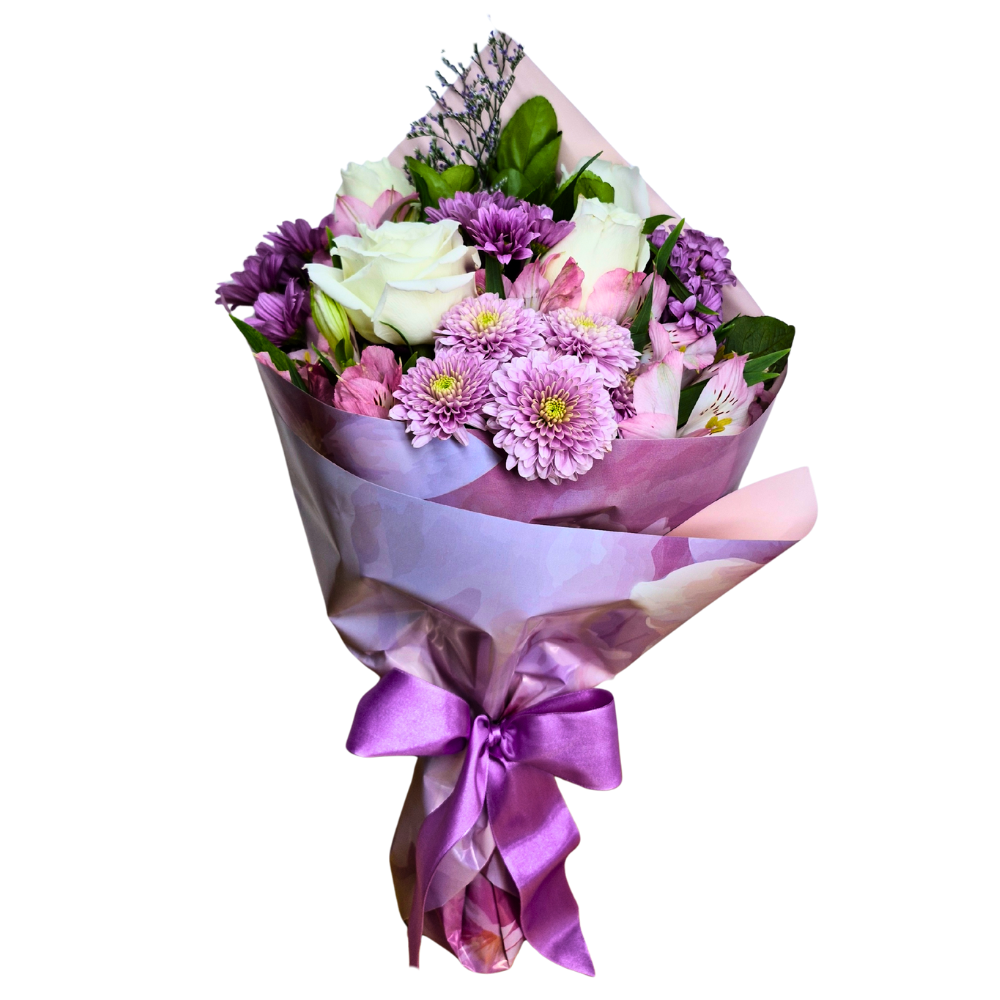 Buqu� 4 Rosas Brancas com Lilases