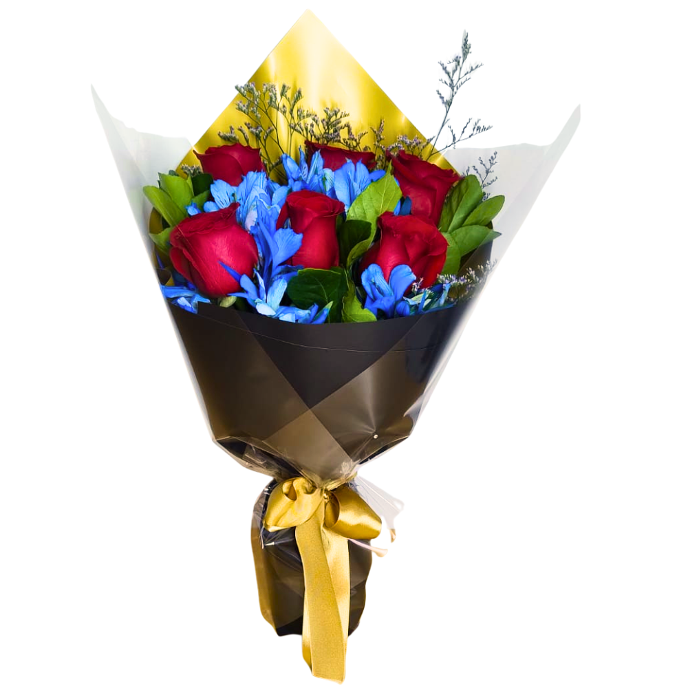 Buque 6 rosas Vermelhas e Astrom�lias Azuis 