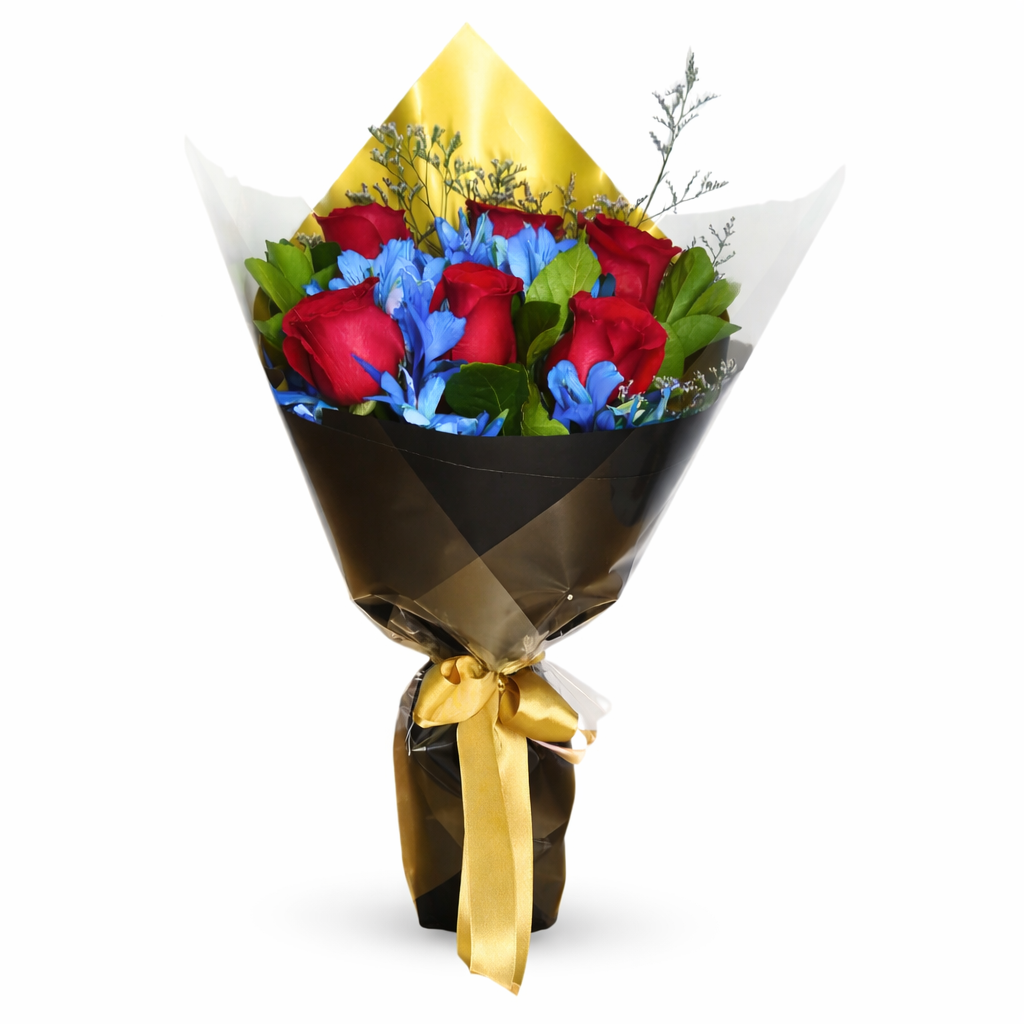 Buque 6 rosas Vermelhas e Astrom�lias Azuis 