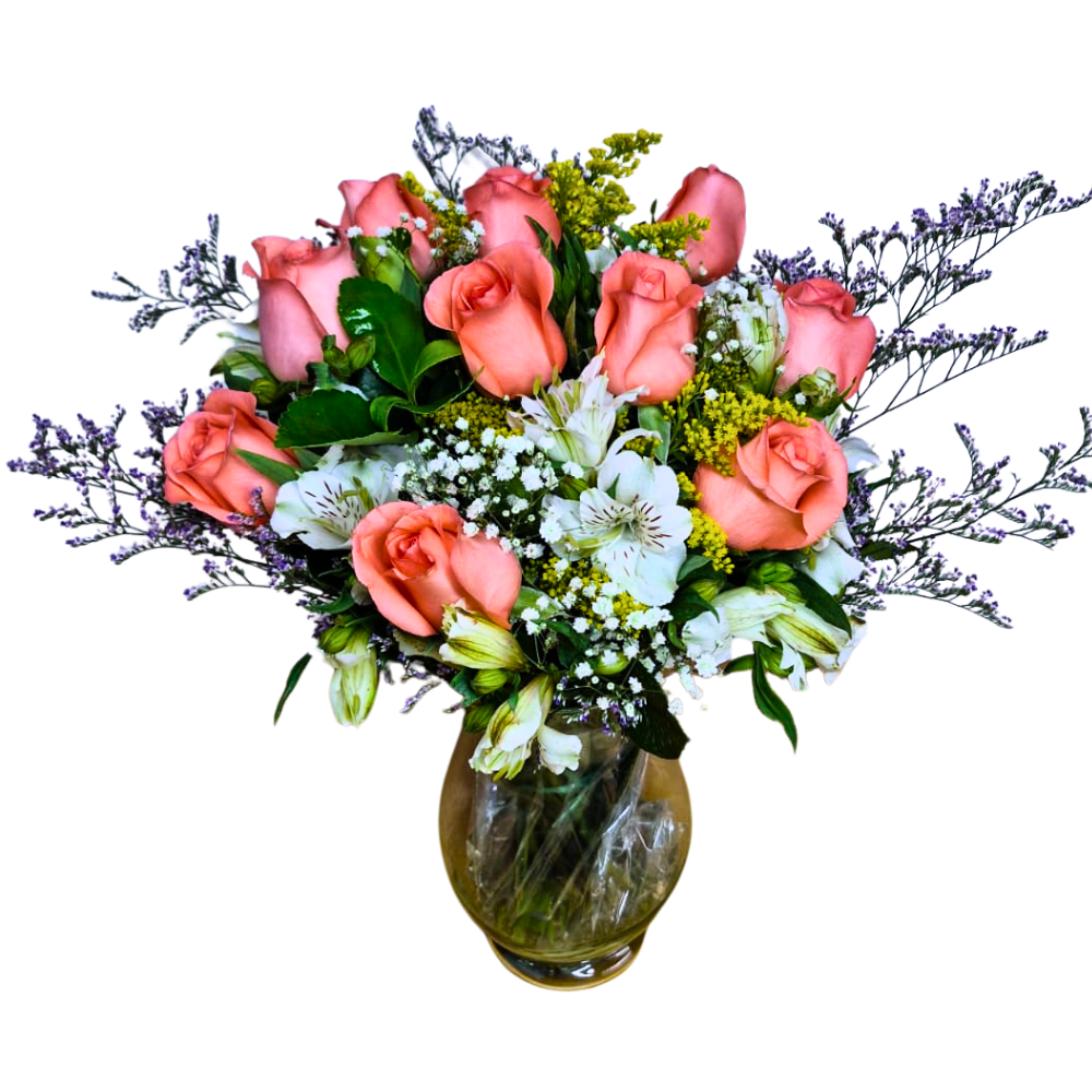 Arranjo no Vaso �10 Rosas Coral e Astrom�lias