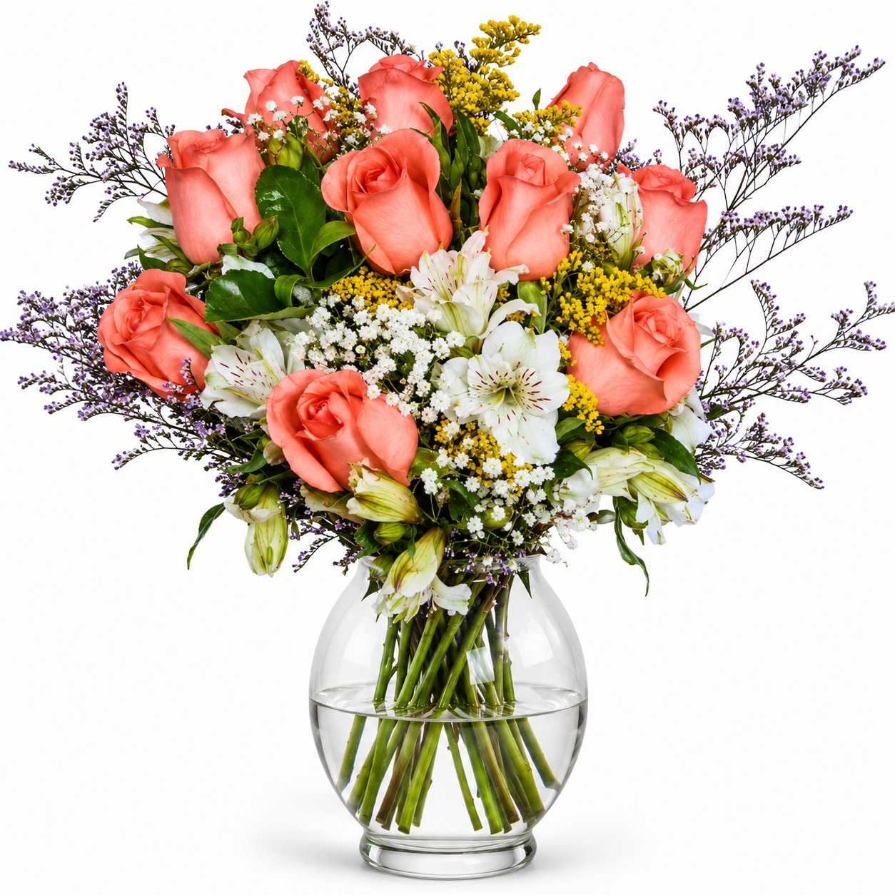 Arranjo no Vaso �10 Rosas Coral e Astrom�lias