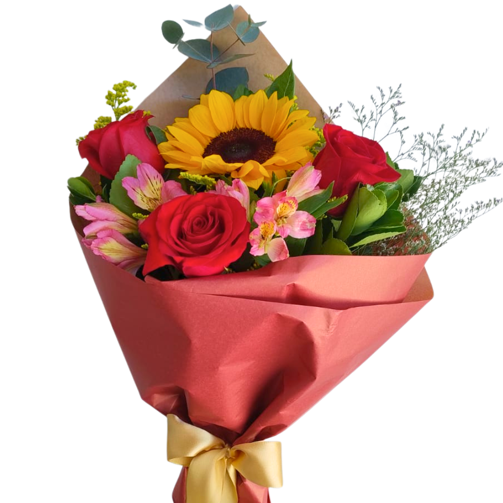 Buqu� Pequeno de 3 Rosas e Girassol