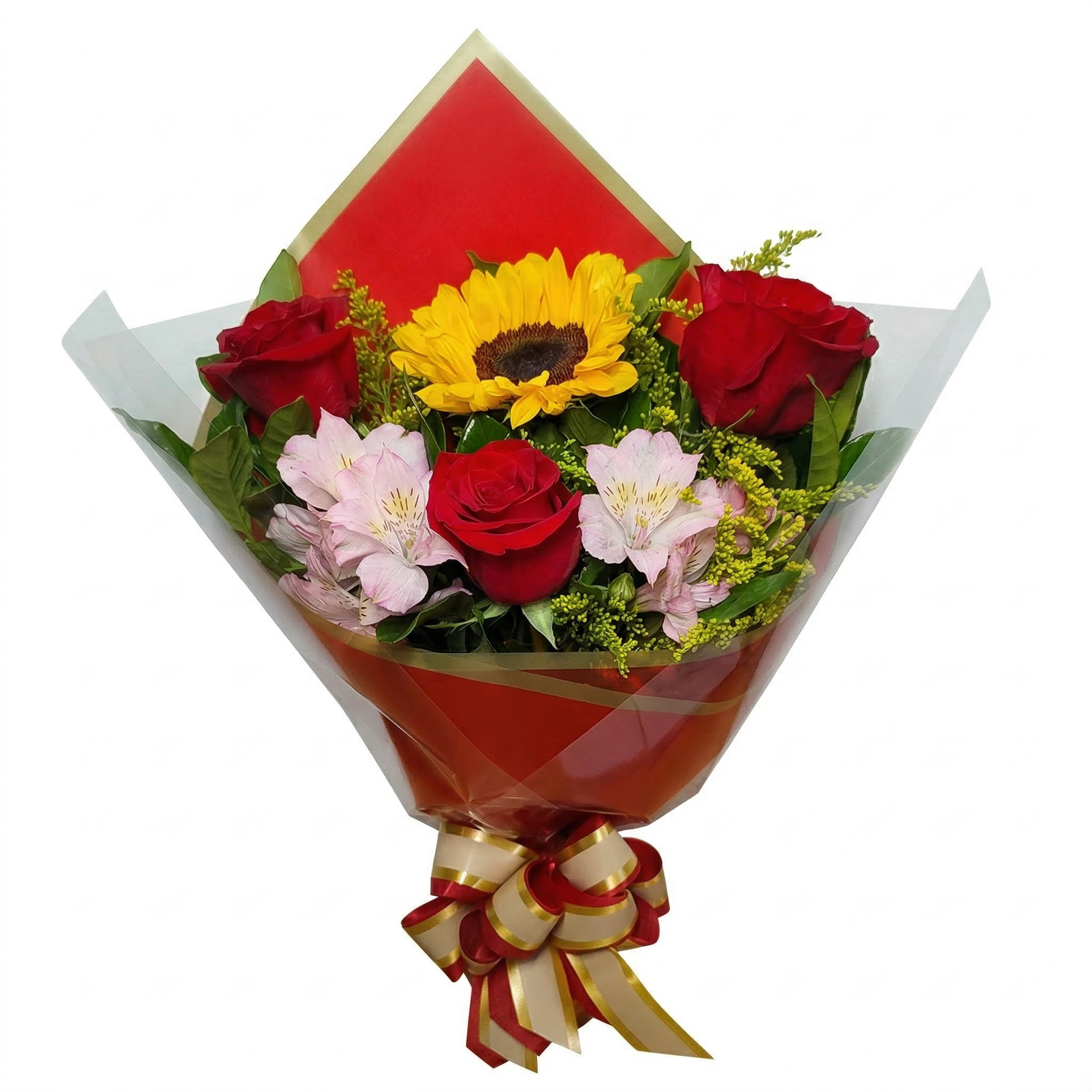 Buqu� Pequeno de 3 Rosas e Girassol