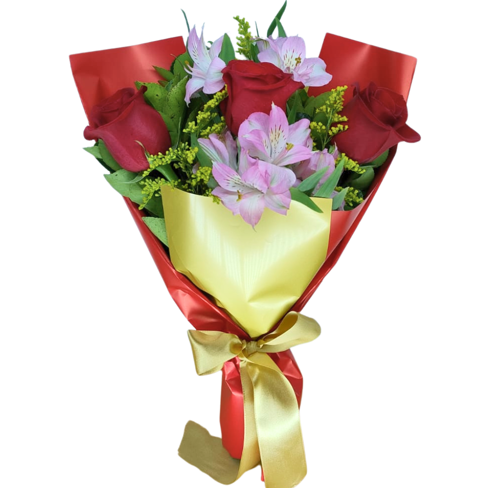 Buqu� Cl�ssico de 3 Rosas e Astrom�lias